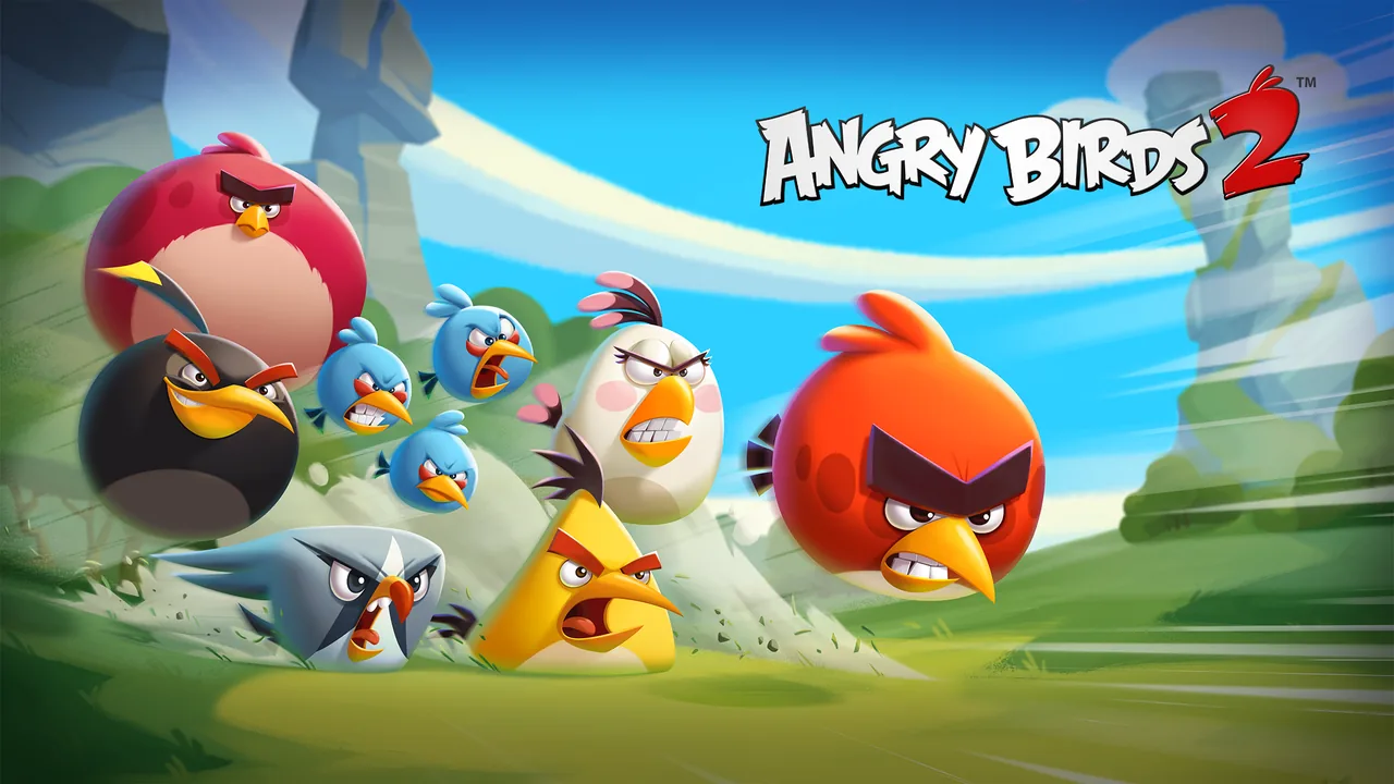 Angry Birds 2: Red, Chuck, Bomb und weitere Vögel vor dem Schriftzug Angry Birds 2
