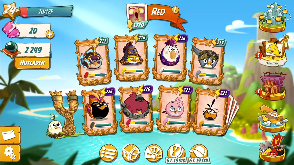 Angry Birds 2: Hauptbildschirm mit Vogelkarten, links oben 20 Edelsteine, 2,249 Schwarze Perlen und die Schaltfläche Hutladen