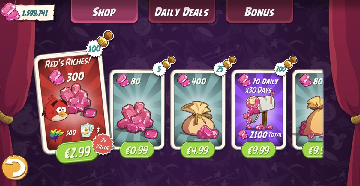 Angry Birds 2: Edelstein-Laden mit mehreren Angeboten, oben links ein Kontostand von 1,599,741 Edelsteinen