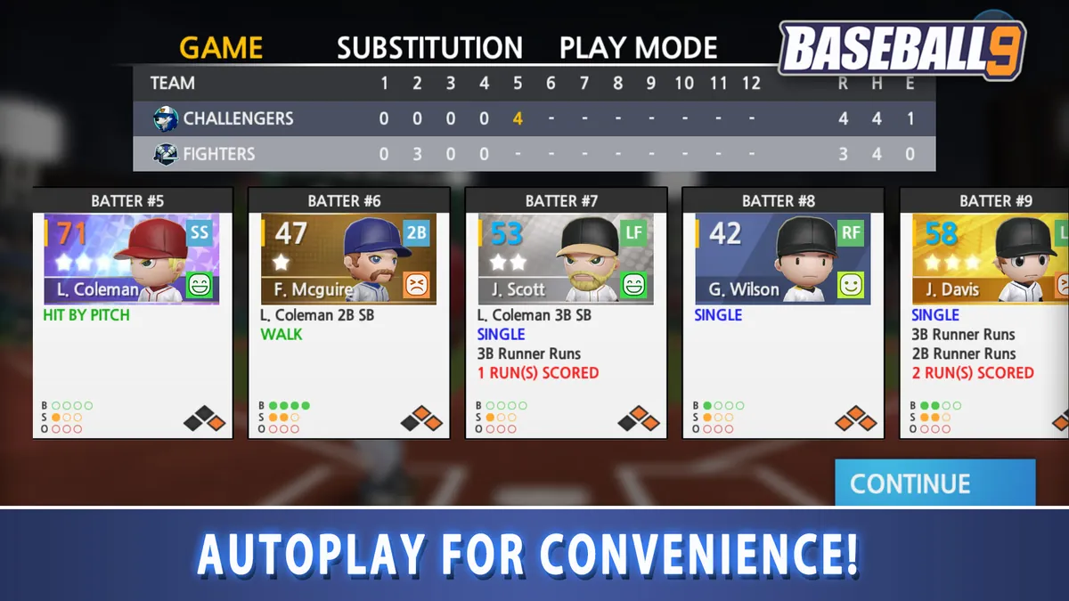 Baseball 9: Anzeigetafel eines Spiels im Autoplay-Modus