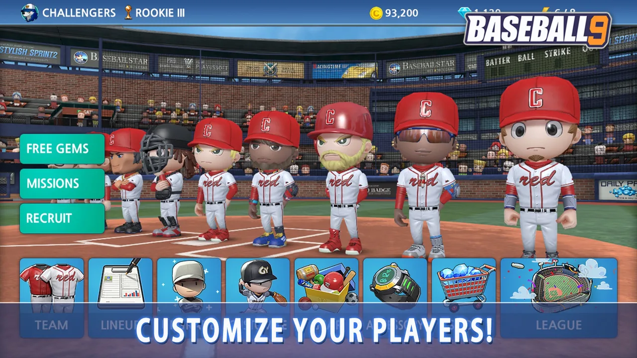 Baseball 9: Hauptmenü mit Coins- und Gems-Anzeige sowie den Buttons Free Gems, Missions und Recruit