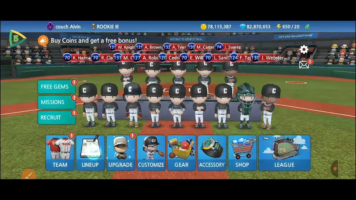 Baseball 9: Hauptmenü eines Spielstands mit rund 82,8 Millionen Gems und 78,1 Millionen Coins