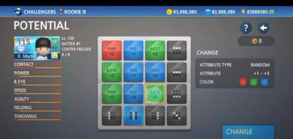 Baseball 9: Potential-Bildschirm eines Center Fielders, oben je 83.886.080 Coins und Gems