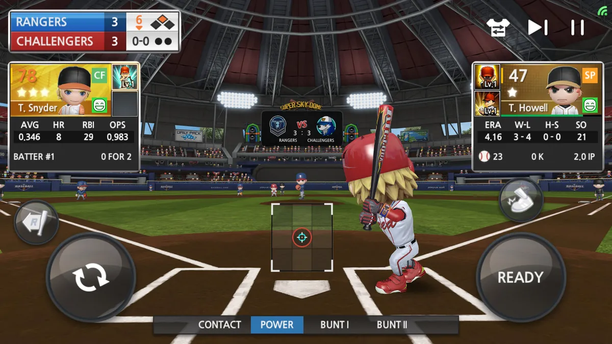 Baseball 9: Schlagansicht mit den Modi Contact, Power und Bunt und dem Ready-Button