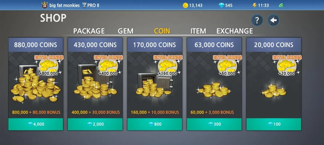 Baseball 9: Coin-Bereich im Shop, Coin-Pakete werden mit Gems bezahlt