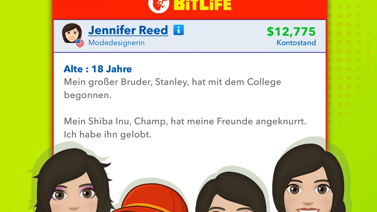 BitLife: Lebensprotokoll mit 18 Jahren, Kontostand $12,775, darunter vier Figuren in verschiedenen Berufen