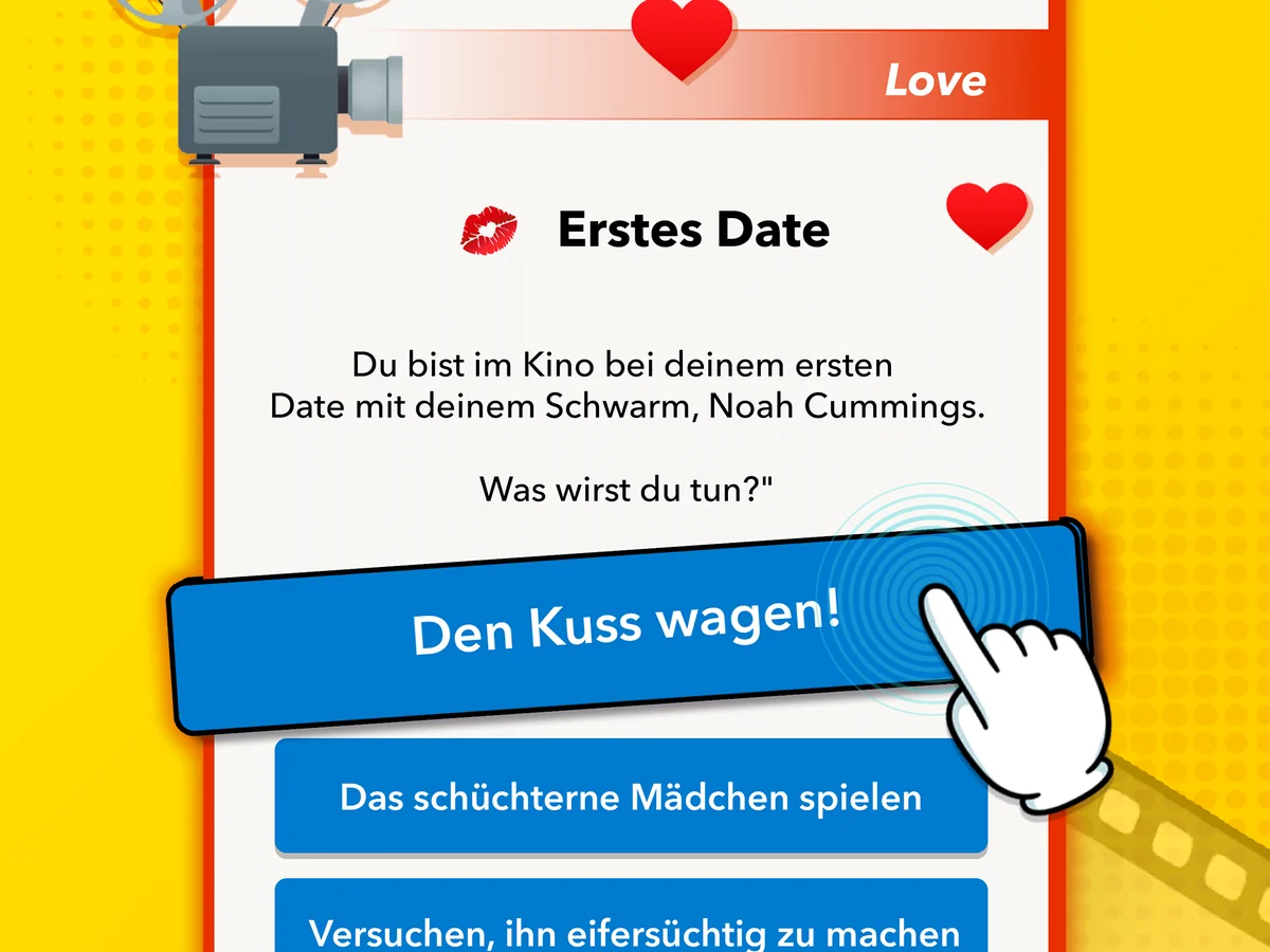 BitLife: Ereignis „Erstes Date“ im Kino mit drei Antworten, oben die Schaltfläche „Den Kuss wagen!“