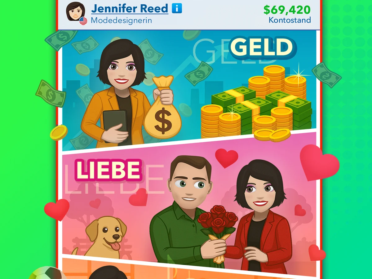 BitLife: Bildkacheln zu den Lebensbereichen Geld und Liebe, oben ein Kontostand von $69,420