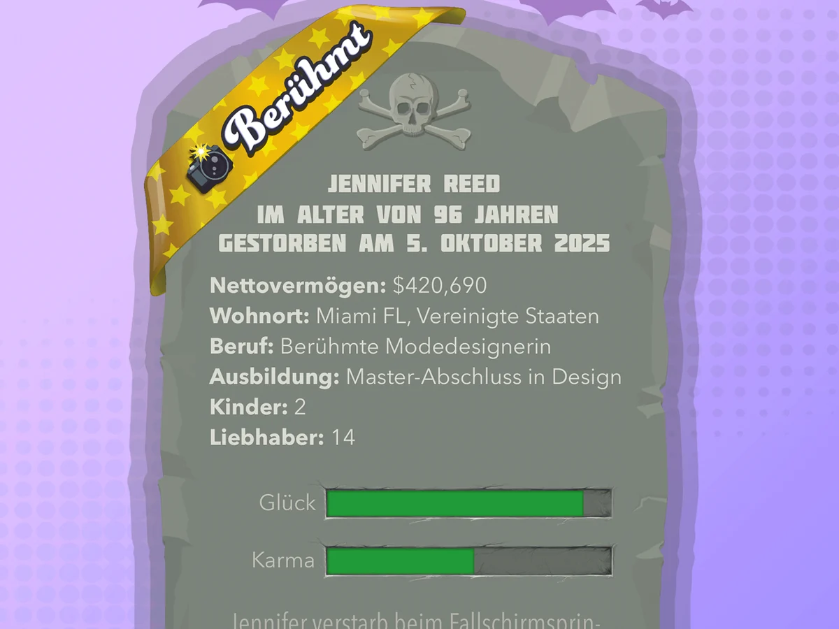 BitLife: Grabstein mit Banner „Berühmt“, Lebensdaten, Nettovermögen, Beruf, Ausbildung und Balken für Glück und Karma