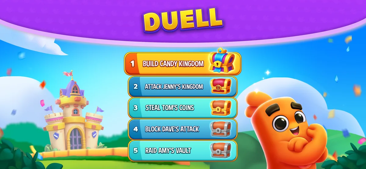 Dice Dreams: Schriftzug „DUELL“ über einer Liste mit fünf Aufgaben und Truhen, links ein Schloss, rechts eine orange Spielfigur