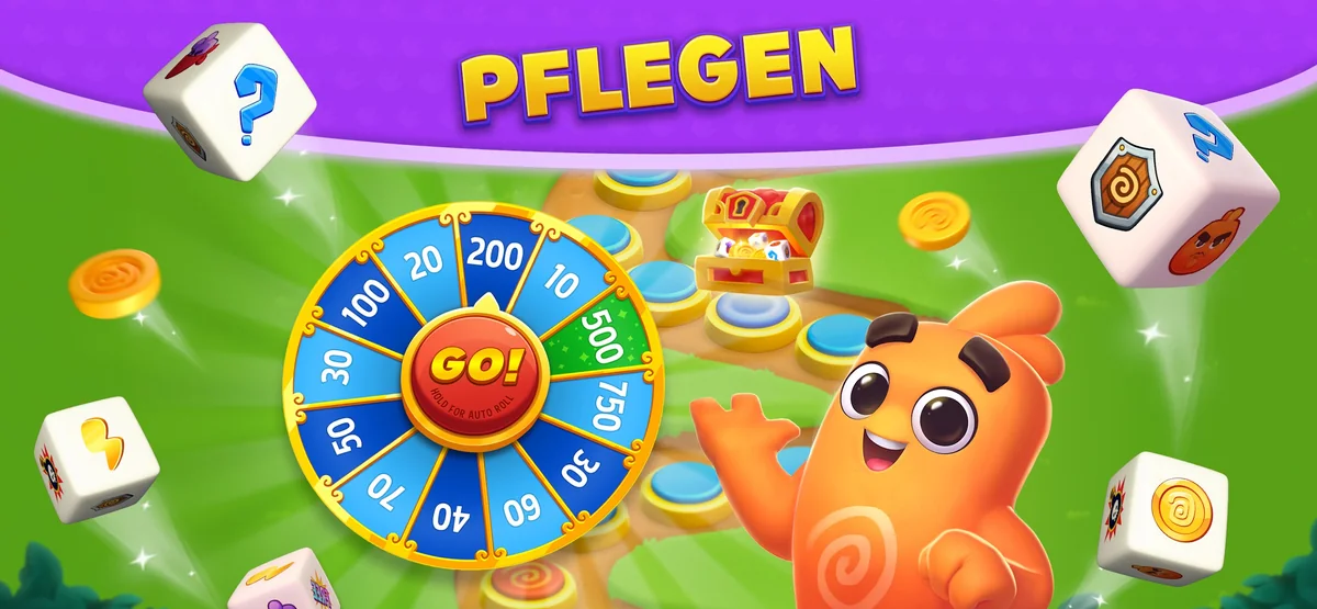 Dice Dreams: Schriftzug „PFLEGEN“ über einem blauen Glücksrad mit GO-Knopf, daneben eine orange Figur, eine Schatztruhe, Münzen und Würfel