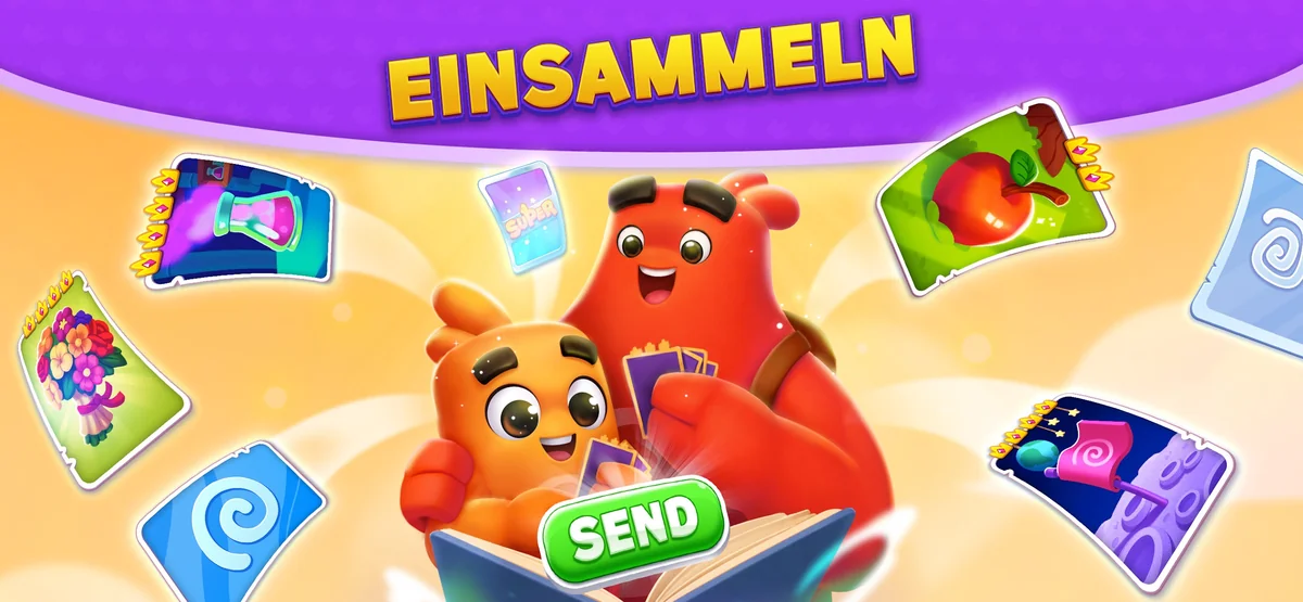 Dice Dreams: Schriftzug „EINSAMMELN“, eine orange und eine rote Figur mit einem aufgeschlagenen Album und dem Knopf „SEND“, um sie herum Sticker-Karten