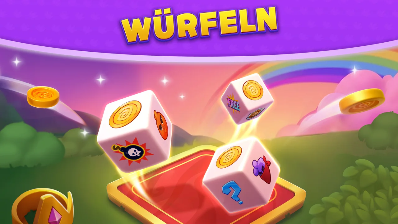 Dice Dreams: Schriftzug „WÜRFELN“ über drei weißen Würfeln mit Münz-, Bomben- und FREE-Symbolen, die über einer roten Spielfläche schweben, im Hintergrund ein Regenbogen