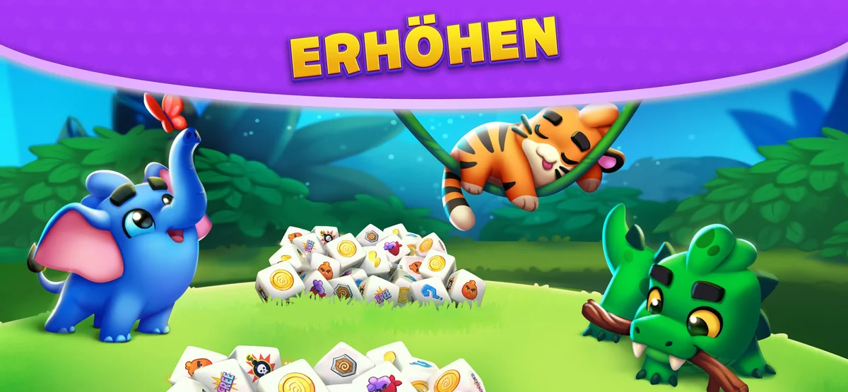 Dice Dreams: Schriftzug „ERHÖHEN“ über zwei großen Würfelhaufen, daneben ein blauer Elefant, ein Tiger in einer Liane und ein grüner Drache mit einem Stock