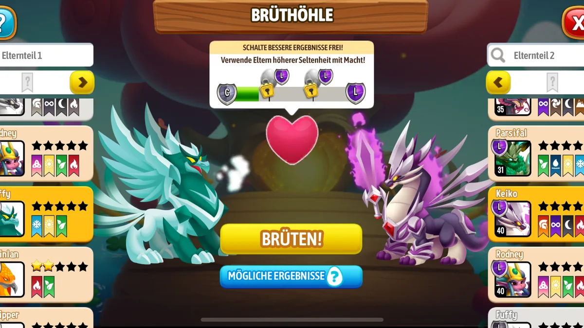 Dragon City: Brüthöhle mit zwei Elterndrachen, einem Herz in der Mitte und dem Button Brüten!