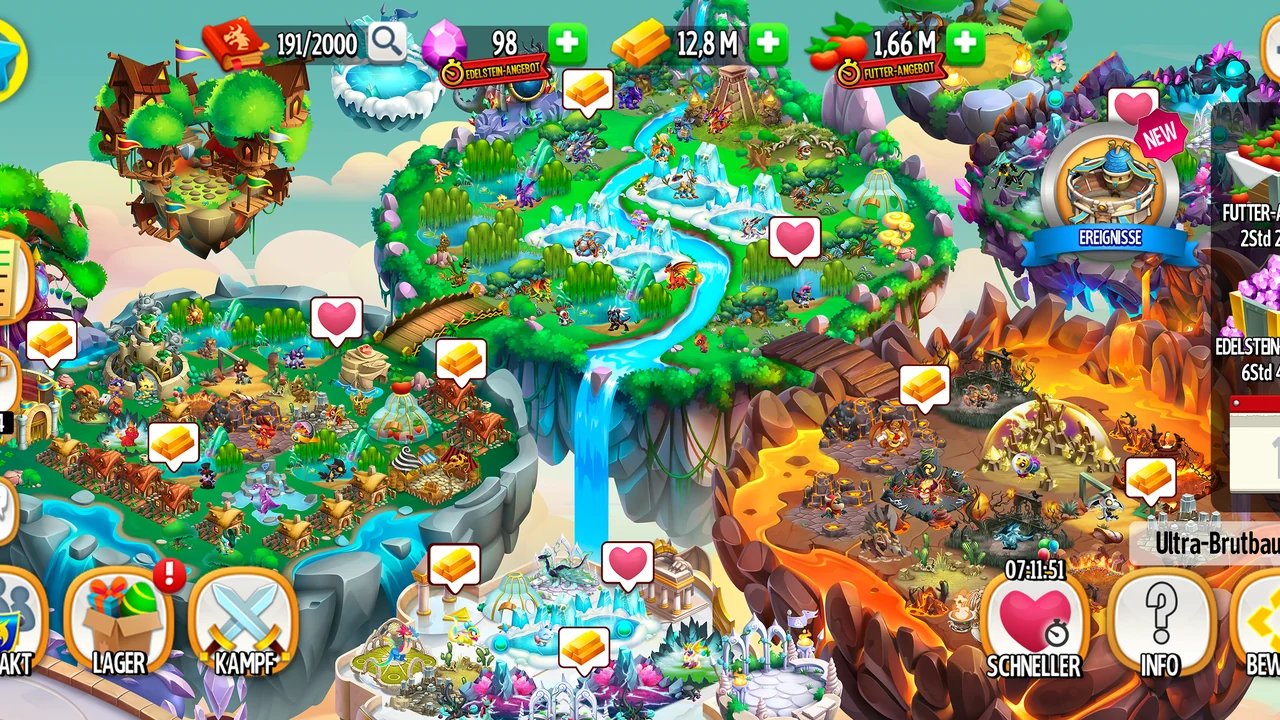 Dragon City: mehrere schwebende Inseln mit Lebensräumen, Wasserfall und Lavagebiet, oben die Leiste mit Edelsteinen, Gold und Futter