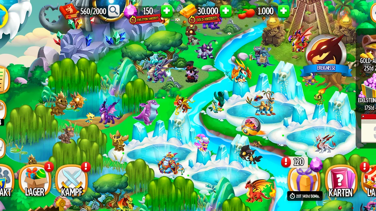 Dragon City: Drachen an Eisbecken und Bäumen, oben in der Leiste 150 Edelsteine, 30.000 Gold und 1.000 Futter