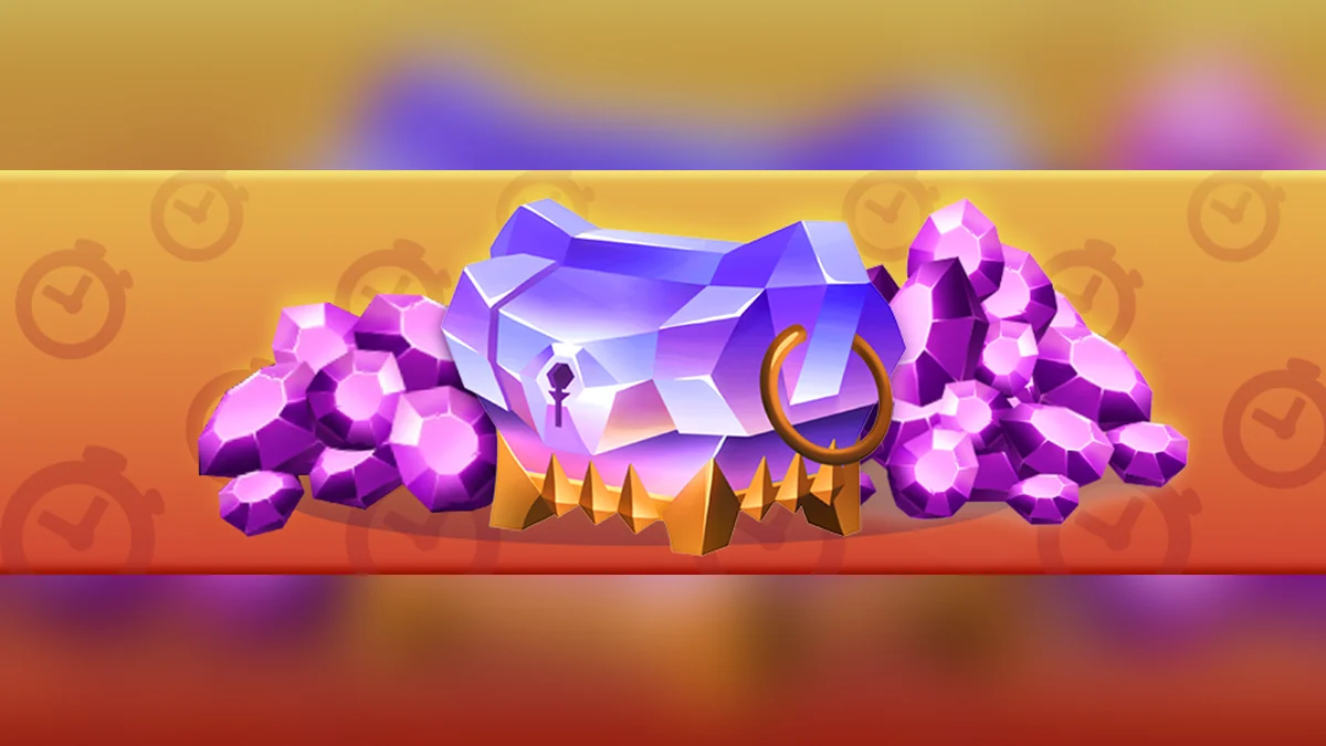 Dragon City: kristallene Truhe zwischen zwei hoch aufgetürmten Haufen violetter Edelsteine