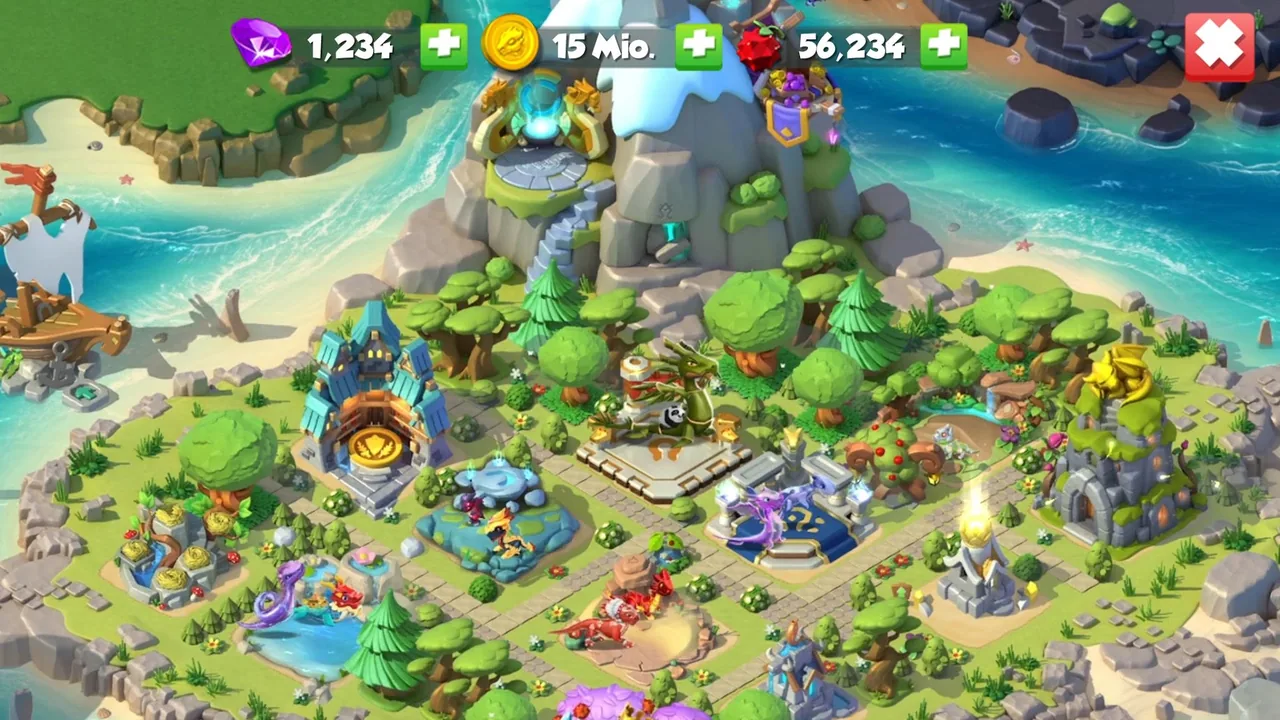 Dragon Mania Legends: Drachenstadt auf einer Insel mit Gebäuden, Wäldern und einem Fluss, oben die Leiste mit Edelsteinen, Gold und Futter