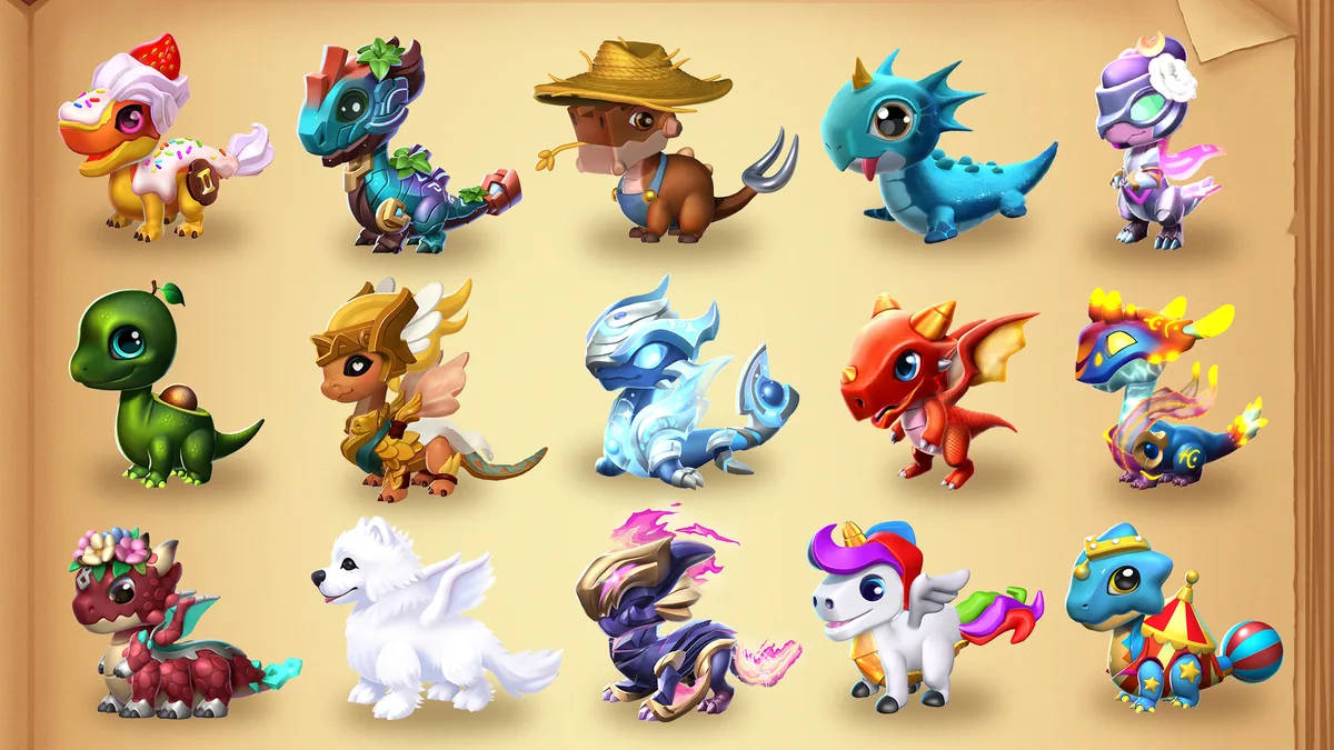 Dragon Mania Legends: fünfzehn verschiedene Drachen in drei Reihen auf hellem Pergamenthintergrund