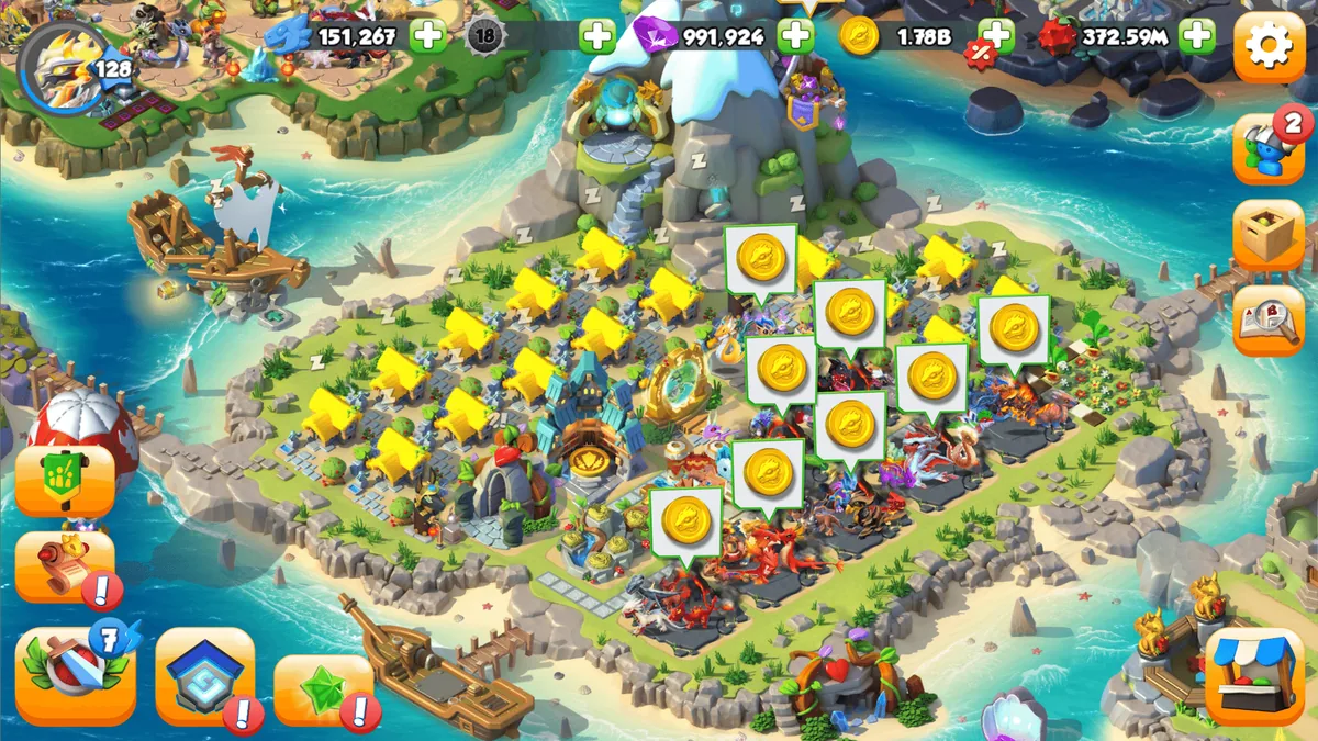 Dragon Mania Legends: Insel mit Habitaten und Goldmünzen, oben in der Leiste 991,924 Edelsteine, 1.78B Gold und 372.59M Futter