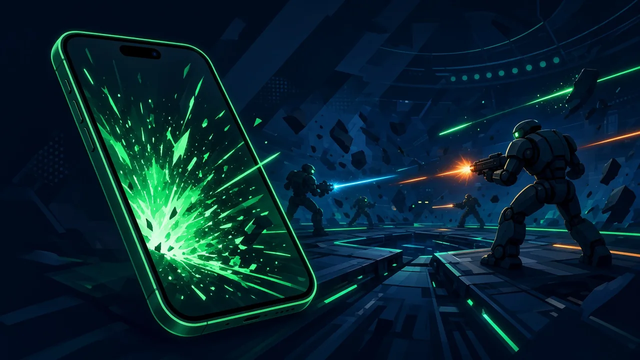 Illustration: leuchtendes Smartphone vor einer Sci-Fi-Arena mit Kampfrobotern und Laserstrahlen
