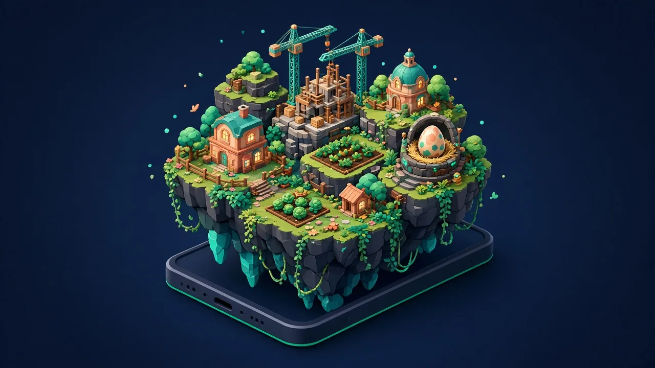 Illustration: schwebende Insel mit Häusern, Kränen, Feldern und einem Brutnest über einem Smartphone