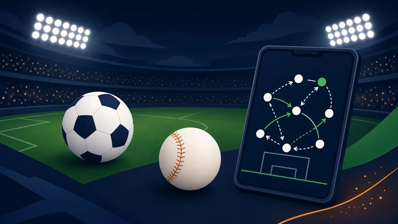 Illustration: Stadion bei Flutlicht mit Fußball, Baseball und einer Taktiktafel auf einem Smartphone