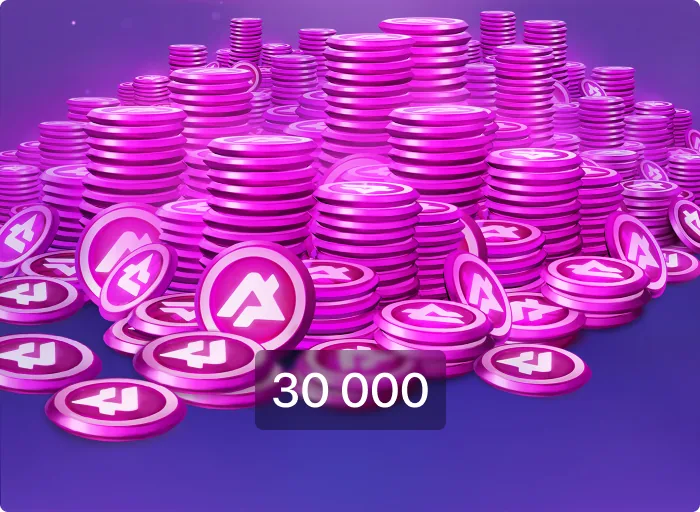 Berg aus lila A-Münzen mit der Aufschrift 30 000, Paketbild aus dem Plarium Store