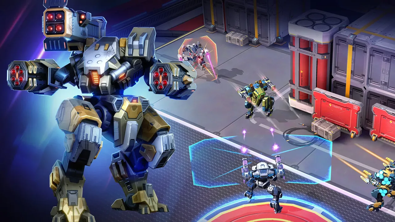 Mech Arena: großer Mech mit Raketenwerfern vor einer Arena, in der mehrere Mechs mit Schutzschilden kämpfen
