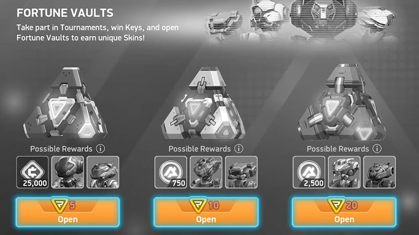 Mech Arena: drei Glückstresore für 5, 10 und 20 Glücksschlüssel mit möglichen Belohnungen