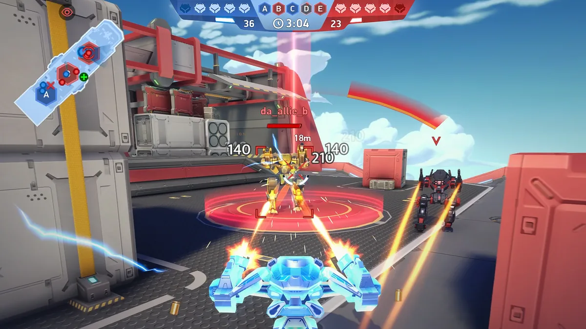 Mech Arena: Gefecht aus der Schulterperspektive mit Teamanzeige, Rundentimer und Kontrollpunkt