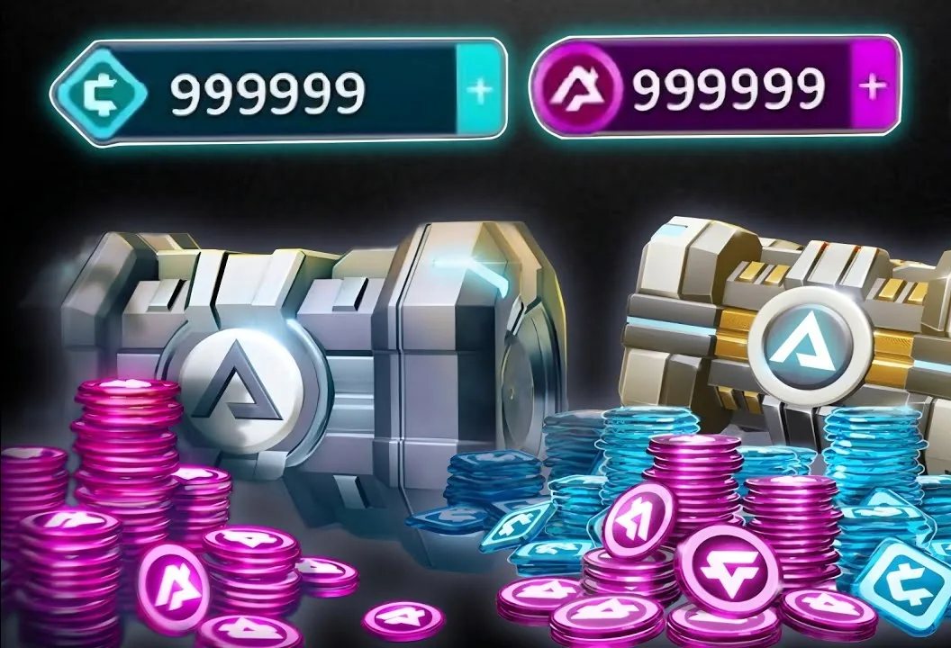 Mech Arena: Anzeigen mit 999.999 Credits und 999.999 A-Münzen über zwei Kisten und Bergen aus lila und türkisen Münzen