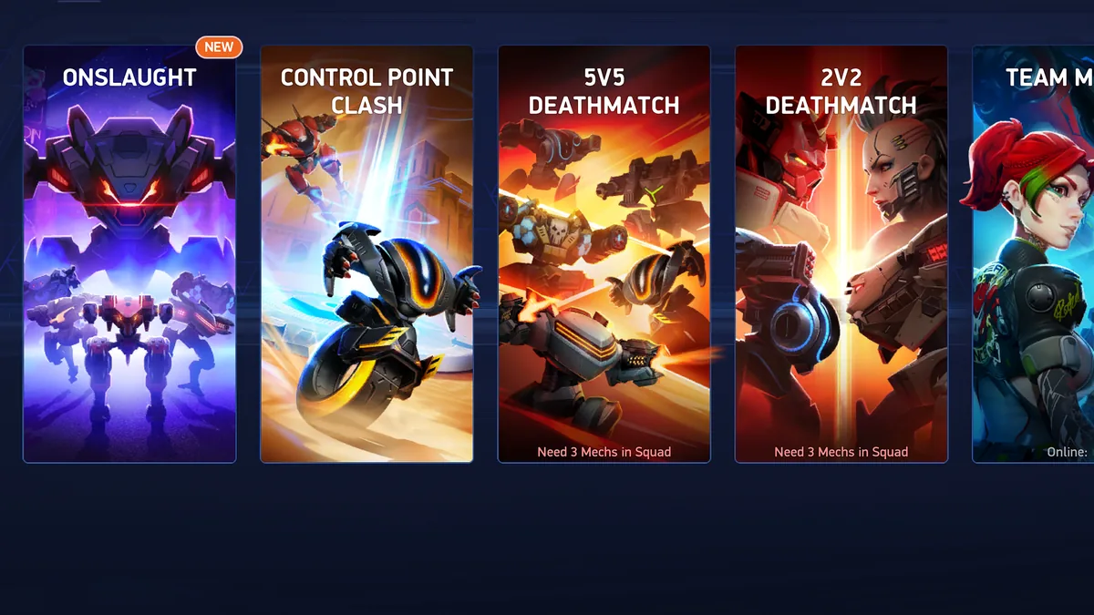 Mech Arena: Modusauswahl mit Onslaught, Control Point Clash, 5v5 Deathmatch und 2v2 Deathmatch