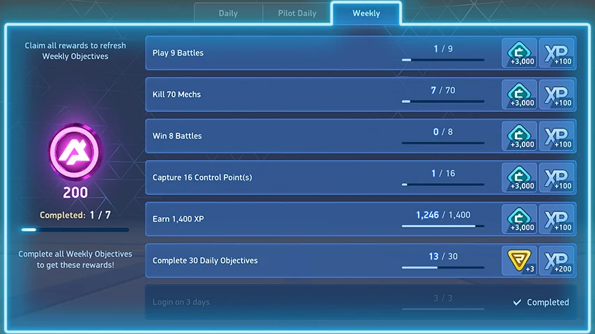 Mech Arena: Tab Weekly mit sieben wöchentlichen Aufgaben und 200 A-Münzen als Hauptpreis