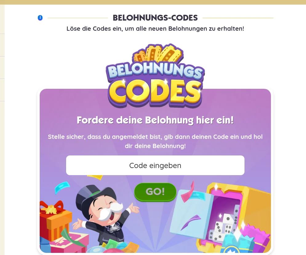 Seite „Belohnungs-Codes“ auf monopolygo.com mit dem Eingabefeld „Code eingeben“ und dem Knopf GO!