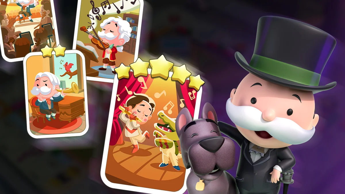 Monopoly GO!: mehrere Sticker-Karten mit Musik-Motiven und Sternen, daneben Mr. Monopoly und ein grauer Hund