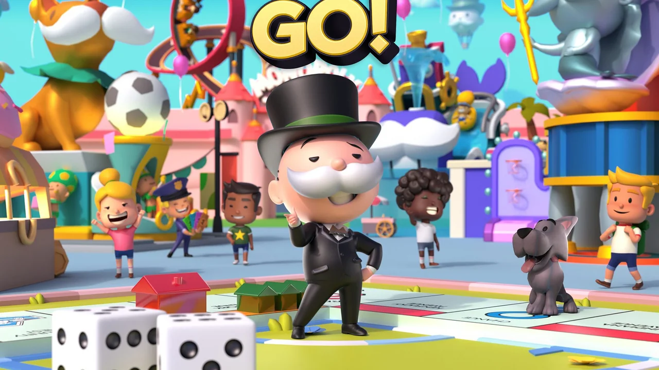 Monopoly GO!: Mr. Monopoly mit Zylinder vor bunten Spielfiguren, einem Hund und zwei Würfeln auf dem Spielbrett