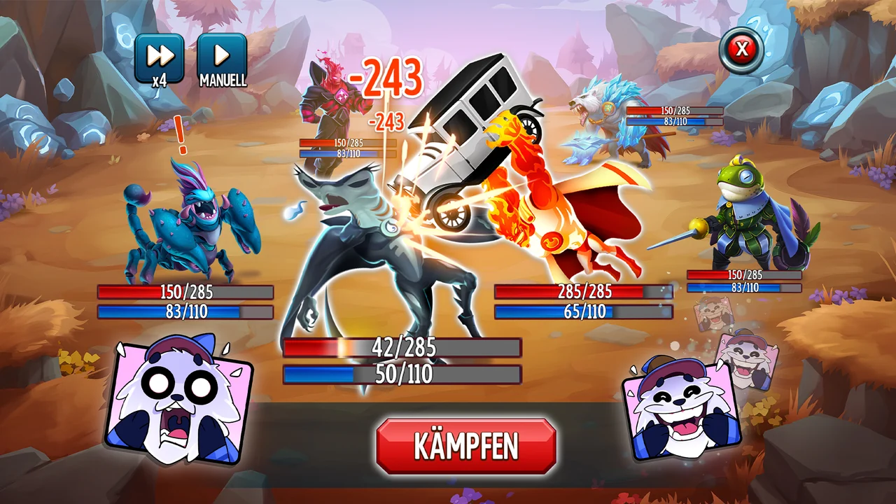 Monster Legends: Kampf zwischen mehreren Monstern mit Lebensbalken und rotem Button „Kämpfen“
