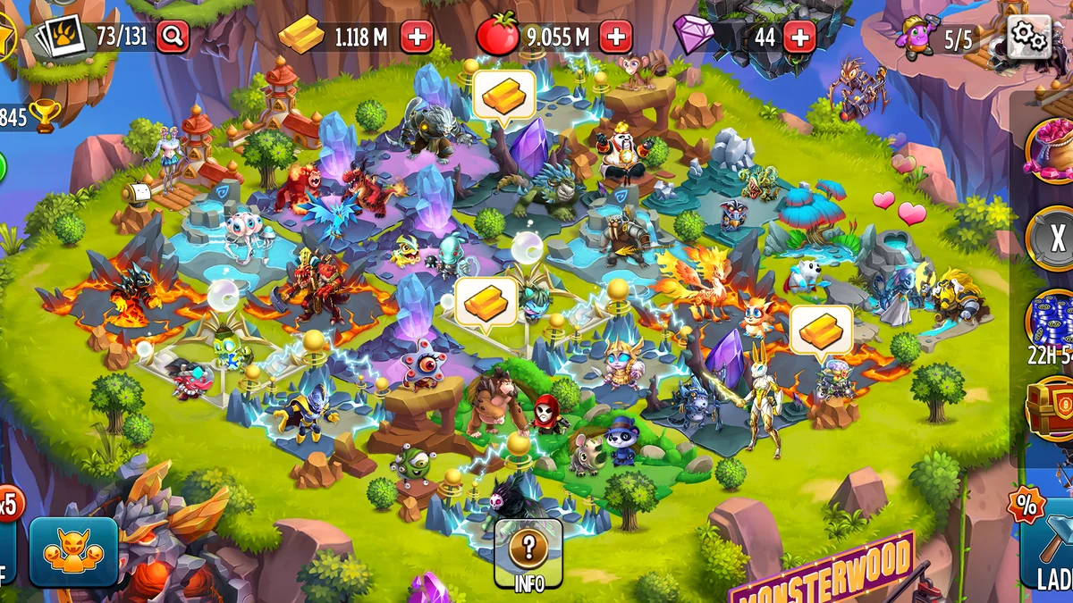 Monster Legends: Insel mit vielen Lebensräumen, oben 1.118 M Gold, 9.055 M Futter und 44 Edelsteine