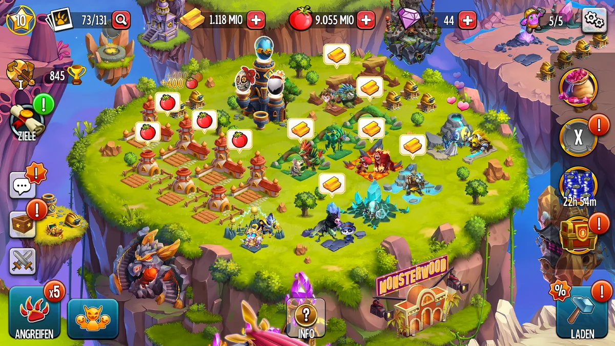 Monster Legends: Insel mit Futterfarmen, Lebensräumen und dem Gebäude Monsterwood unten rechts