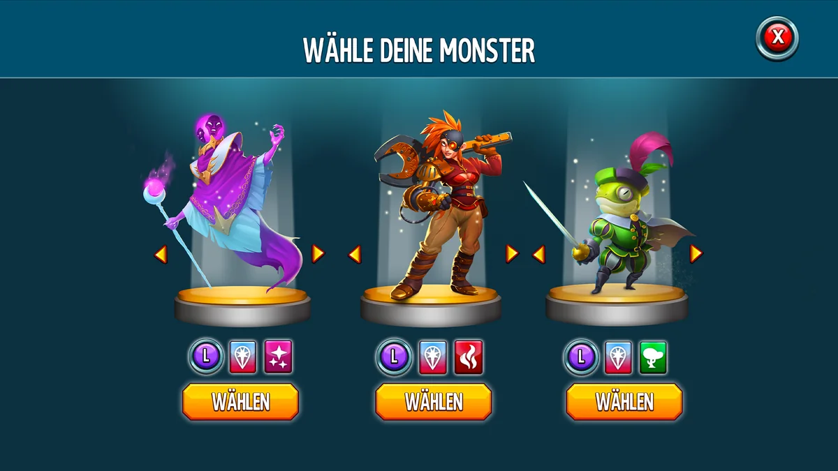 Monster Legends: Auswahlbildschirm Wähle deine Monster mit drei Monstern und Wählen-Buttons