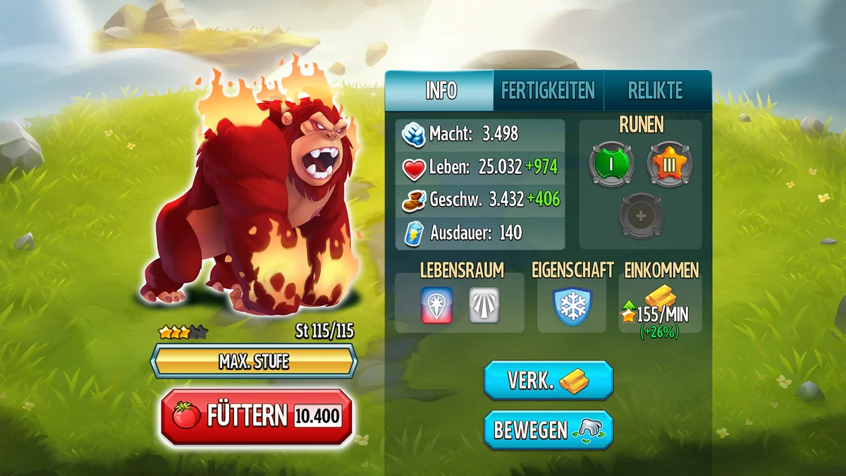 Monster Legends: Infoansicht eines Feuer-Gorillas mit Werten und dem Button Füttern 10.400