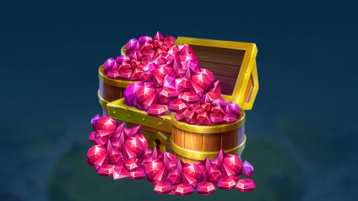 Monster Legends: Holztruhe und Fass, randvoll mit pinkfarbenen Edelsteinen