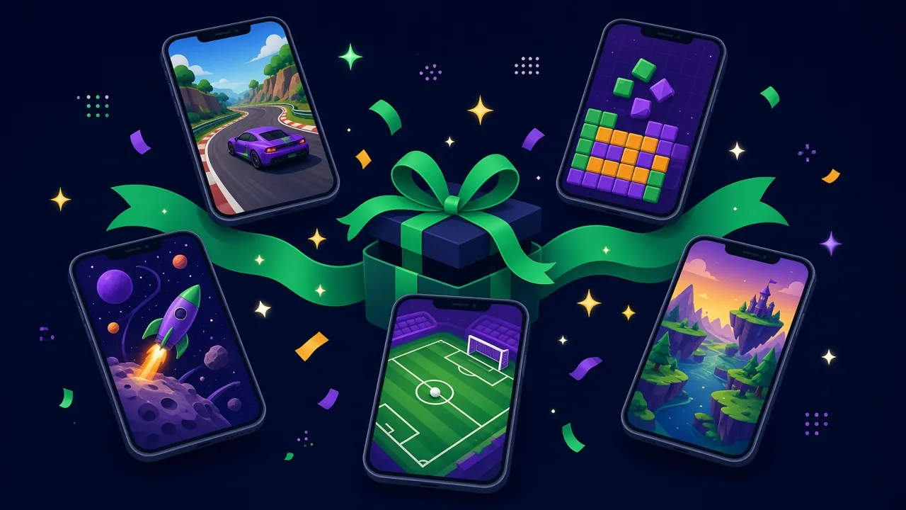 Illustration: mehrere Smartphones mit verschiedenen Spiel-Genres rund um ein Geschenk