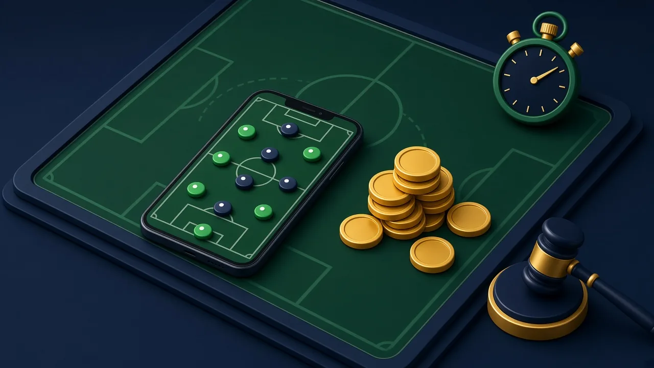 Illustration: Smartphone mit Fußball-Aufstellung auf einer Taktiktafel, daneben goldene Münzen, Stoppuhr und Auktionshammer
