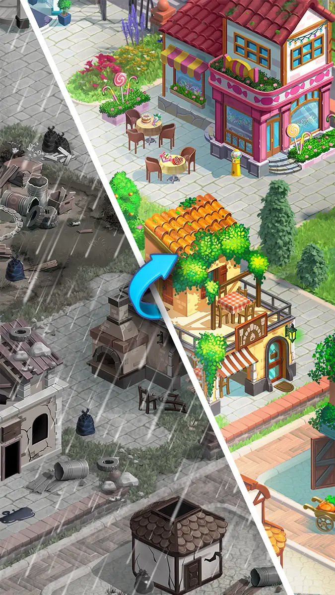 Travel Town: diagonal geteiltes Bild, eine Hälfte mit vom Sturm zerstörten Häusern im Regen, die andere mit renovierten Häusern, Café und Blumen