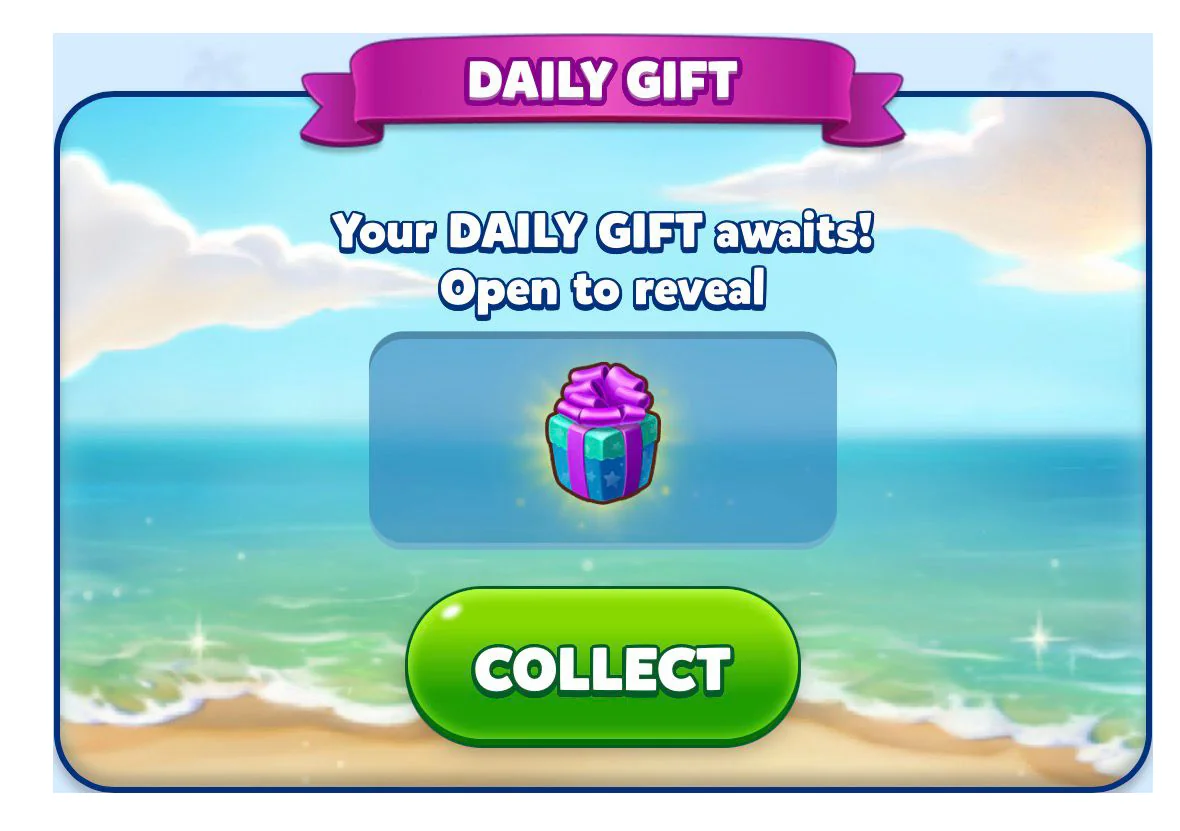 Travel Town: Fenster „Daily Gift“ mit lila Geschenk und grünem Knopf „Collect“ vor einem Strand