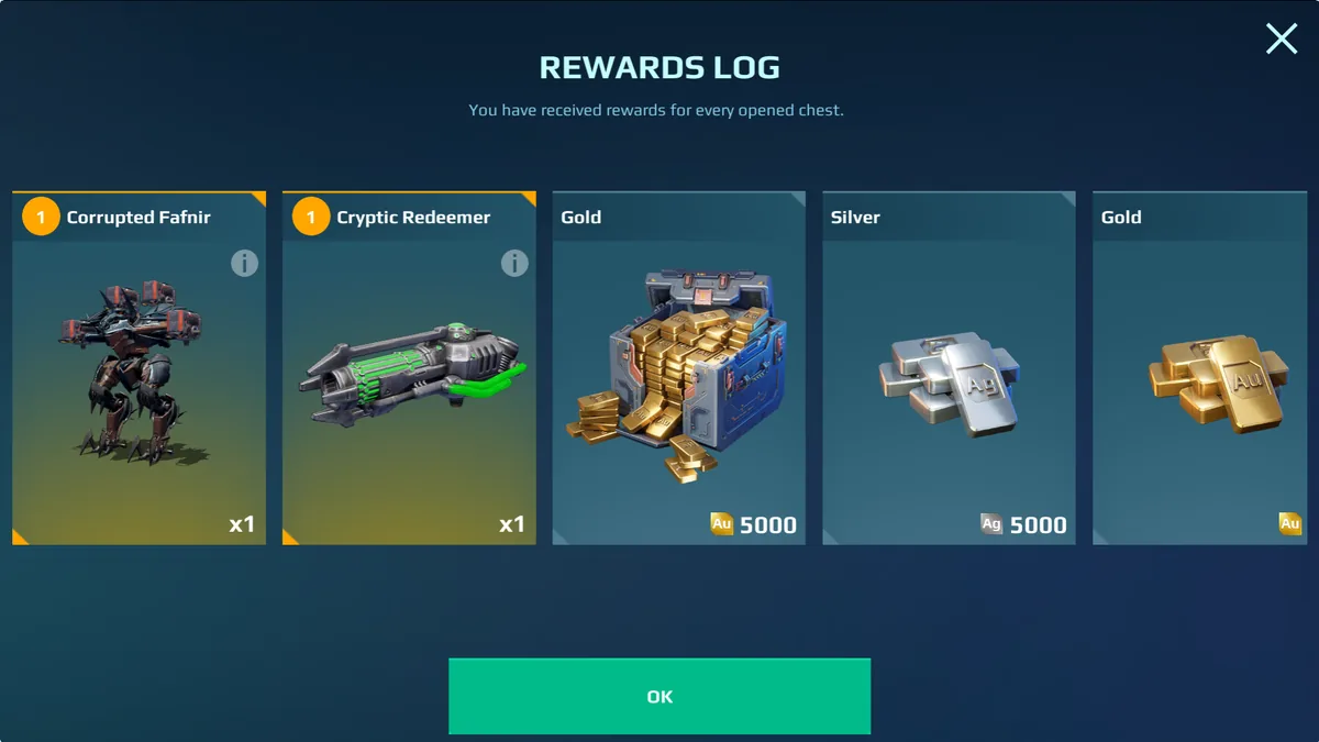 War Robots: Belohnungsprotokoll mit mehreren Belohnungen, darunter je 5.000 Gold und Silber