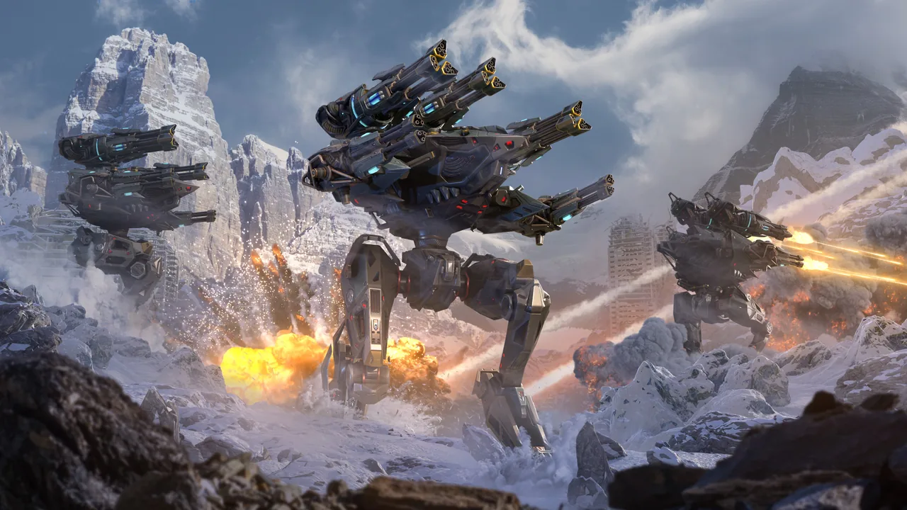 War Robots: Kampfroboter Eiffel mit mehreren Geschützrohren in einer verschneiten Berglandschaft